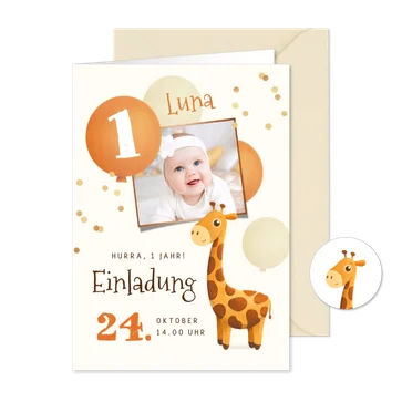 Einladungskarte 1. Geburtstag Foto & Giraffe
